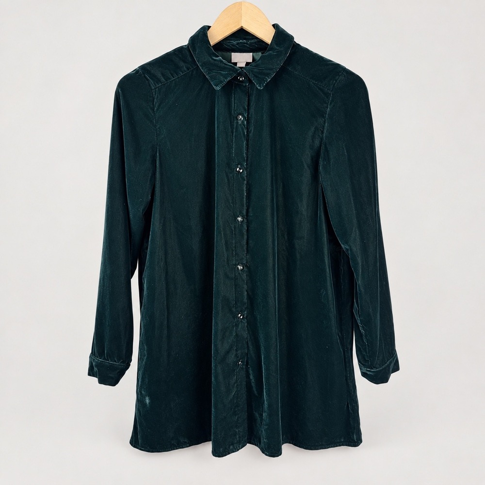 J. Jill Deep Emerald Green Velvet Long Sleeve Button Front Tunic Blouse Small